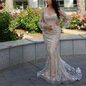 Silver Beige Sequin Evening Gown